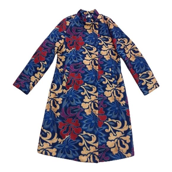 Vintage YaZhuang Floral Blue Tan Red Front Pocket Blazer Long Jacket Size Large - Picture 2 of 14